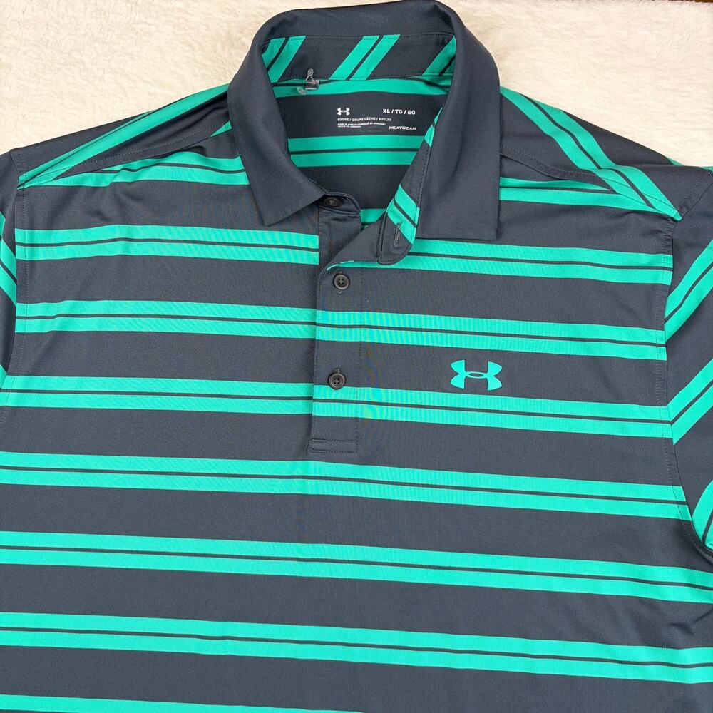 Under Armour HeatGear Men’s XL Golf Polo Shirt Striped Green Gray Loose Fit